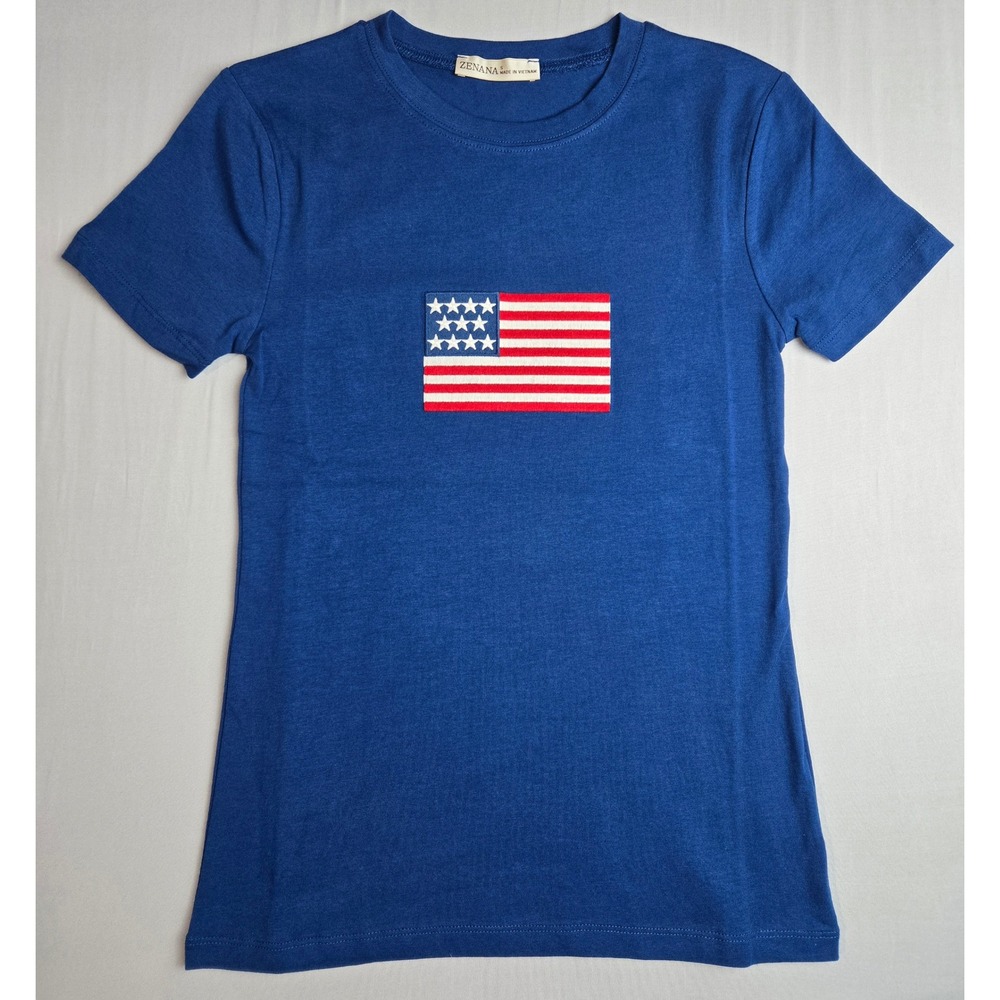 Zenana Womens Royal Blue American Flag Graphic T-Shirt Size M Patriotic Tee